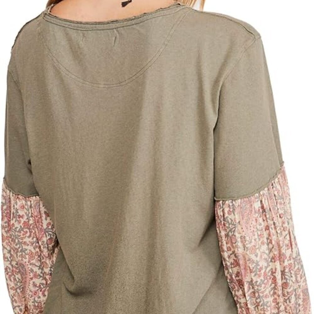 Free People We the Free Jade Floral Printed Sleeves Slouchy T-Shirt in Green -XS - Picture 3 of 7